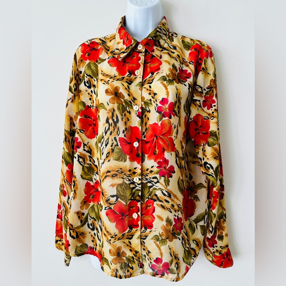 Vintage large flower print shirt yellow brown main image 0